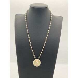 Faux Pearl Beaded Necklace With Gold Accents & Circular Mother of Pearl Pendant